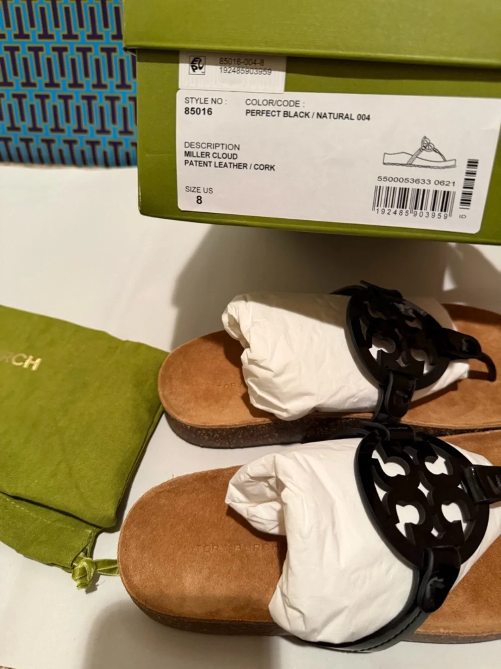 Tory Burch Miller Cloud Black Patent Logo Thong Sandals with Brown Suede Footbed
